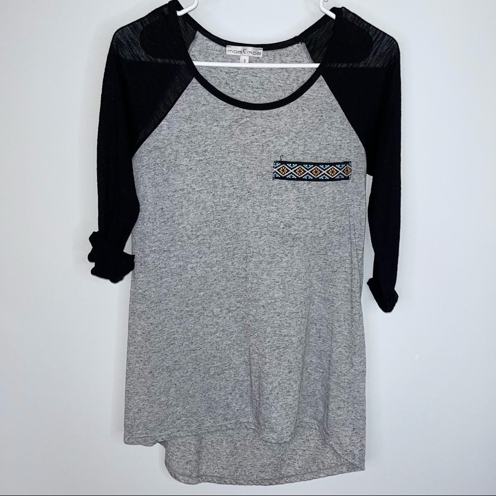 MOA MOA Gray Black Crew Neck Raglan Shirt Small Aztec Front Pocket - Picture 10 of 12